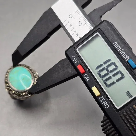 VTG 925 Sterling Silver Turquoise & Marcasite Ring Size 6.5 Signed Filigree - Picture 8 of 11